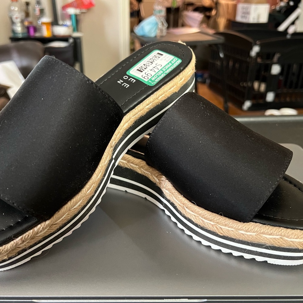 Journee Collection Black and Tan Mules with Striped Outsole